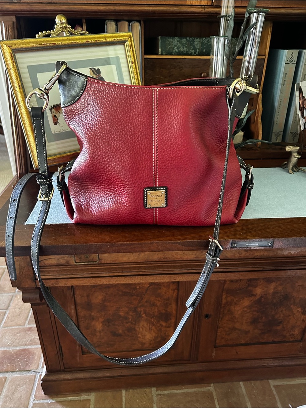 Dooney & Bourke Pebble Leather Hobo Bag in Red with Dark Brown Trim
